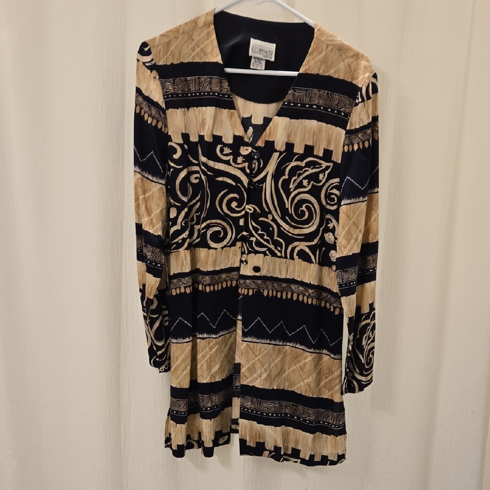 Vintage K.C. Spencer Black and Tan Patterned Long Sleeve Cardigan